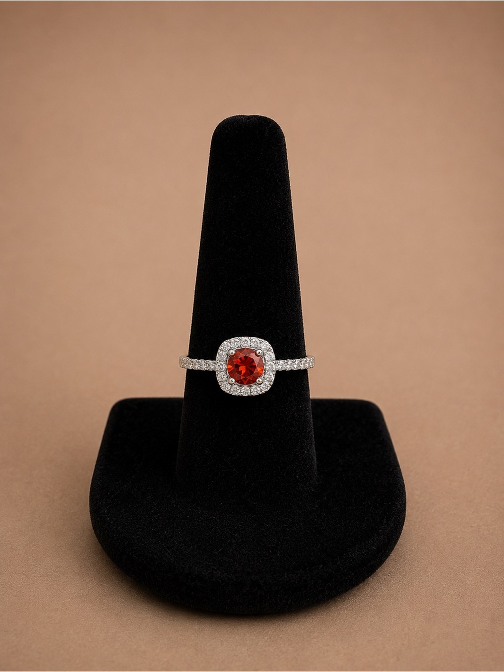 Silver Tone Halo Ring with Red Center Stone Costume Jewelry Size 7.5 New